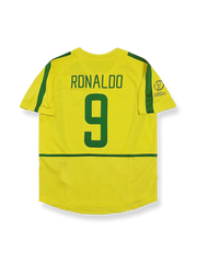 2002年ブラジル代表ワールドカップホームユニフォーム ロナウド #9 黄色 緑アクセント クラシックエンブレム刺繍