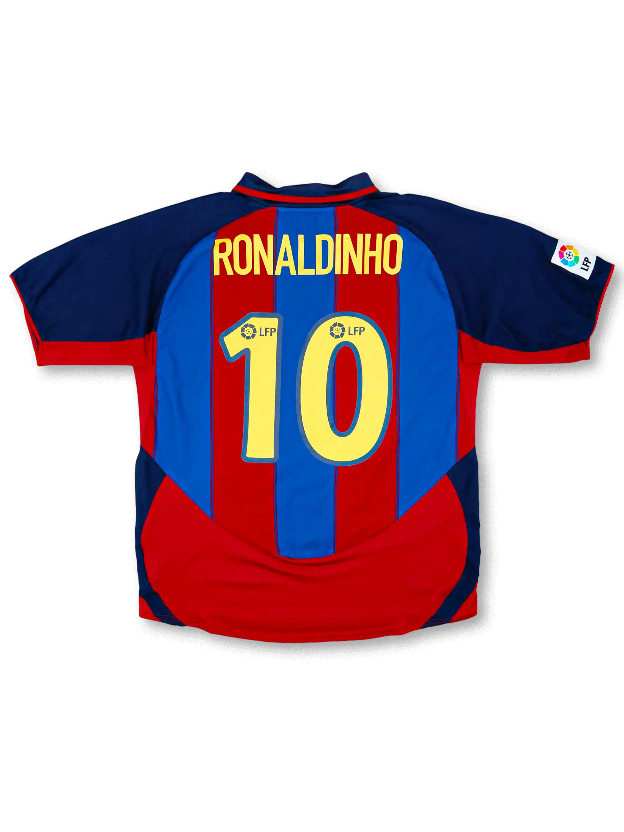 2003-04 FCバルセロナホーム正面、ブルー×レッド縦ストライプ・ネイビーラグランパネル・FCBエンブレム・スポンサーなし・Nike製