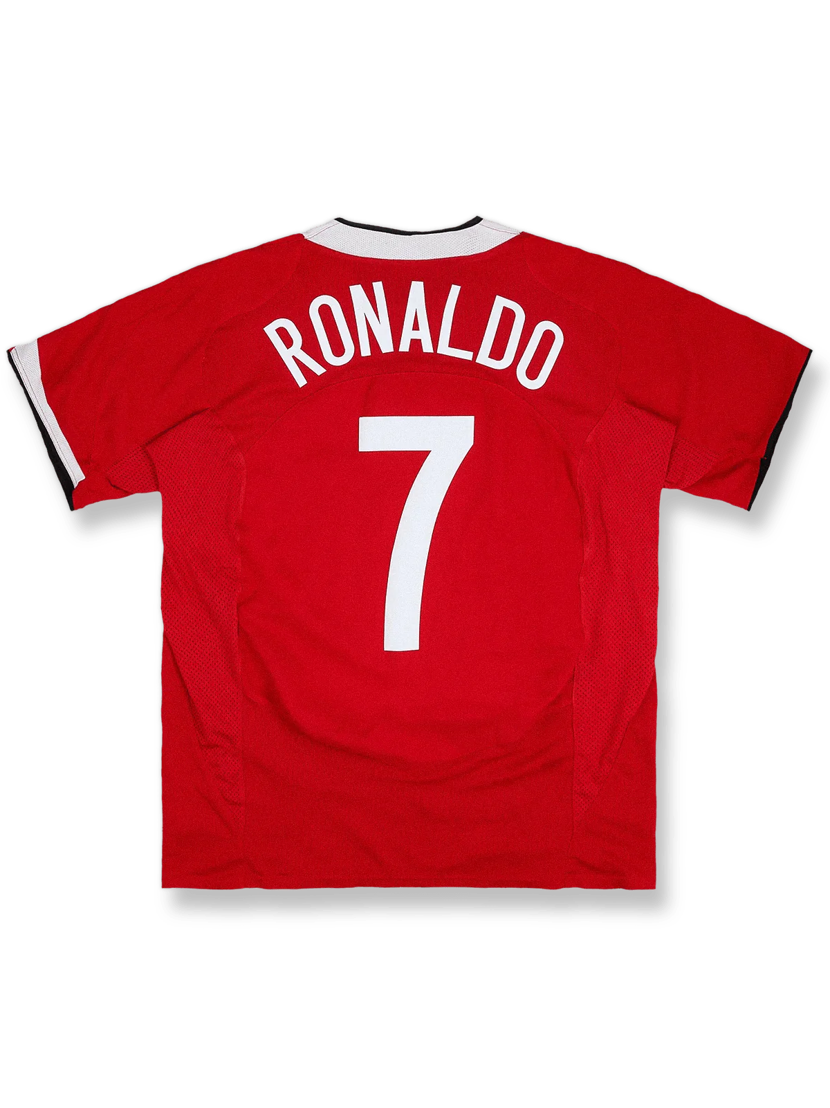 2004-06年マンチェスター・ユナイテッドホームユニフォーム正面2004-06シーズンマンチェスター・ユナイテッドホームユニフォーム クリスティアーノ・ロナウド #7 赤 白黒アクセント ナイキ刺繍スウッシュ&クラブエンブレム付き