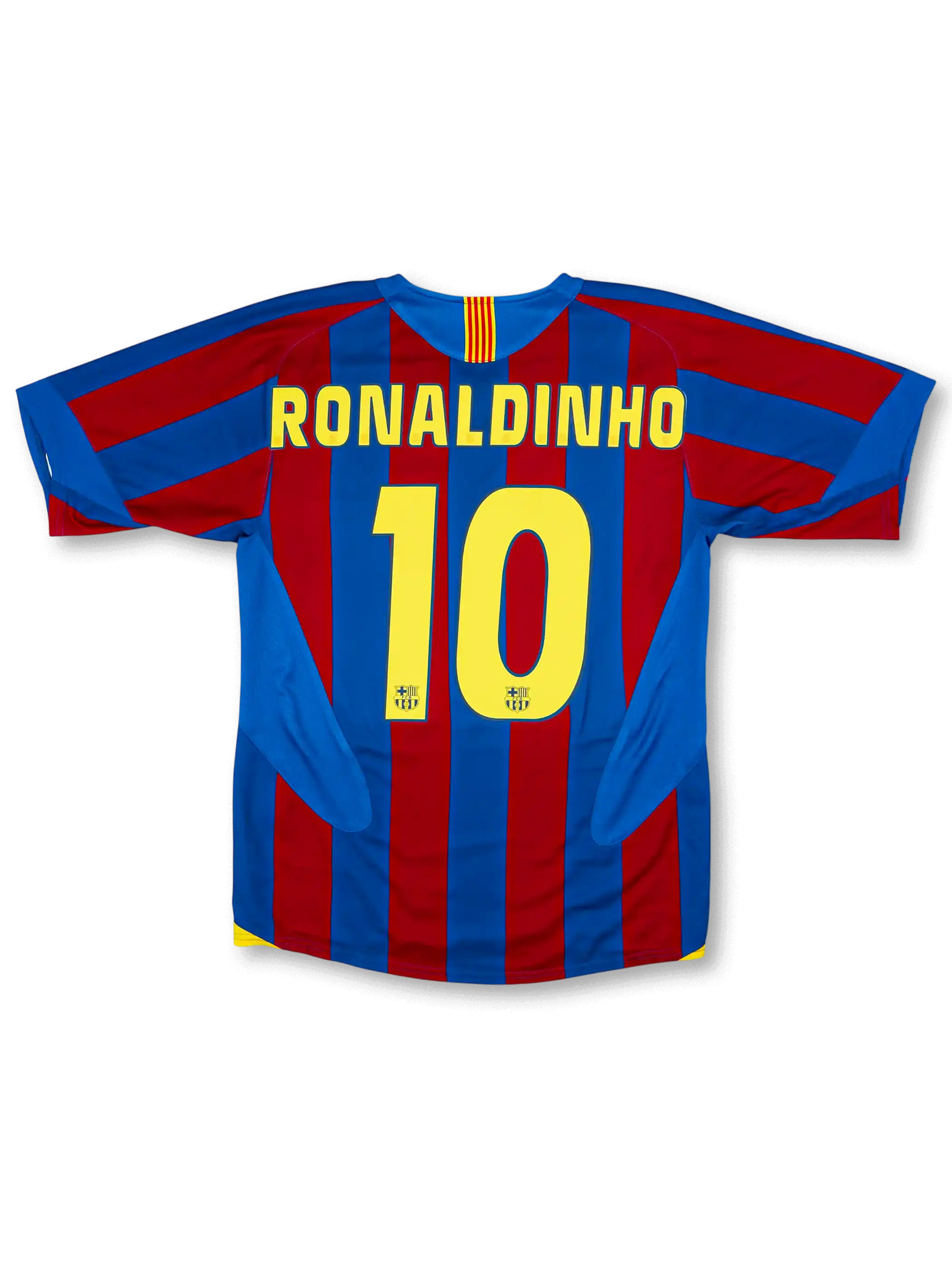 2005-06 FCバルセロナホーム正面、ブルー×レッド縦ストライプ・イエローサイドスリット・FCBエンブレム・スポンサーなし・Nike製