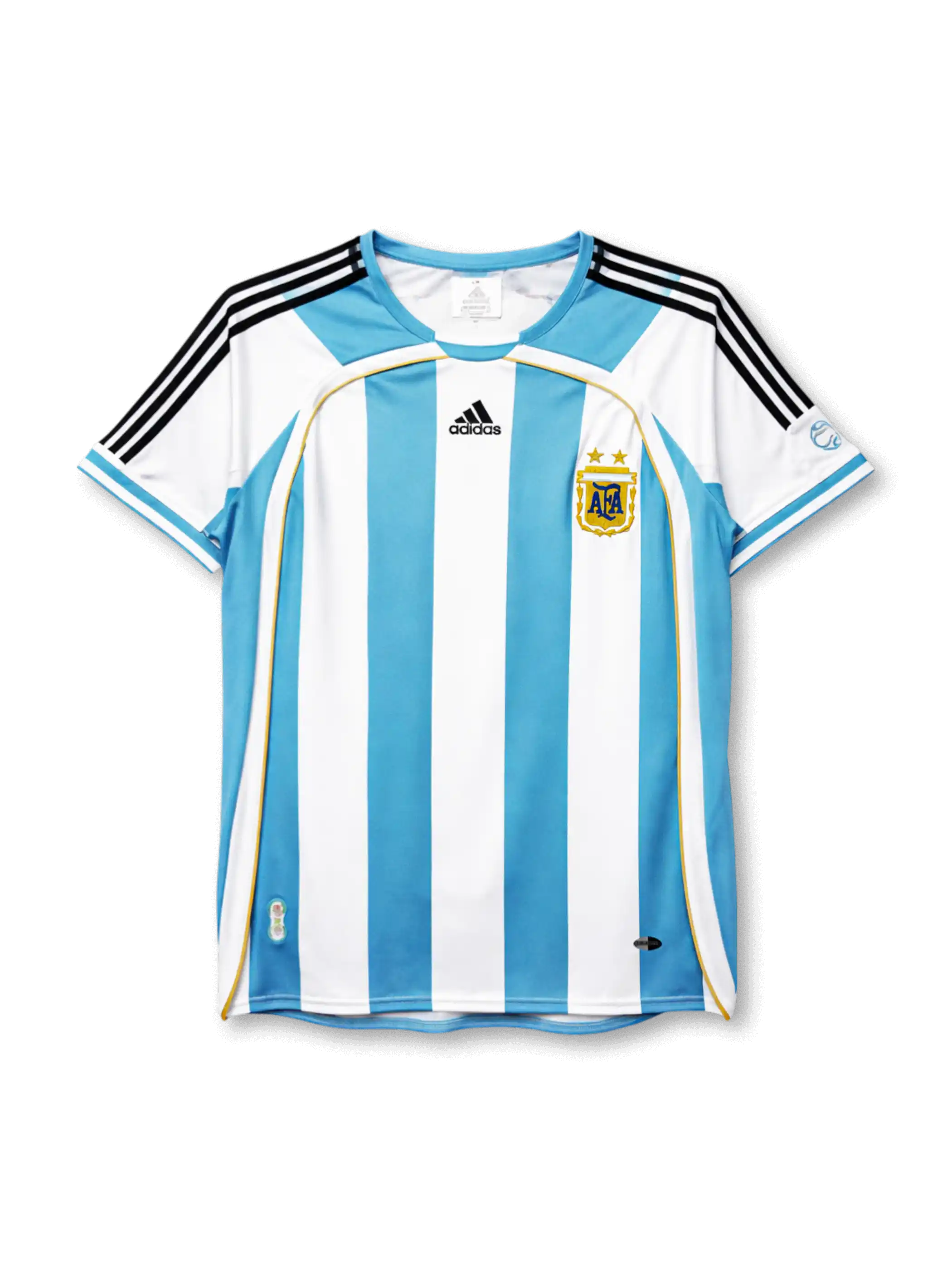 2006アルゼンチン代表ホーム正面、スカイブルー×ホワイト縦ストライプ・ゴールドパイピング・FIFA W杯パッチ