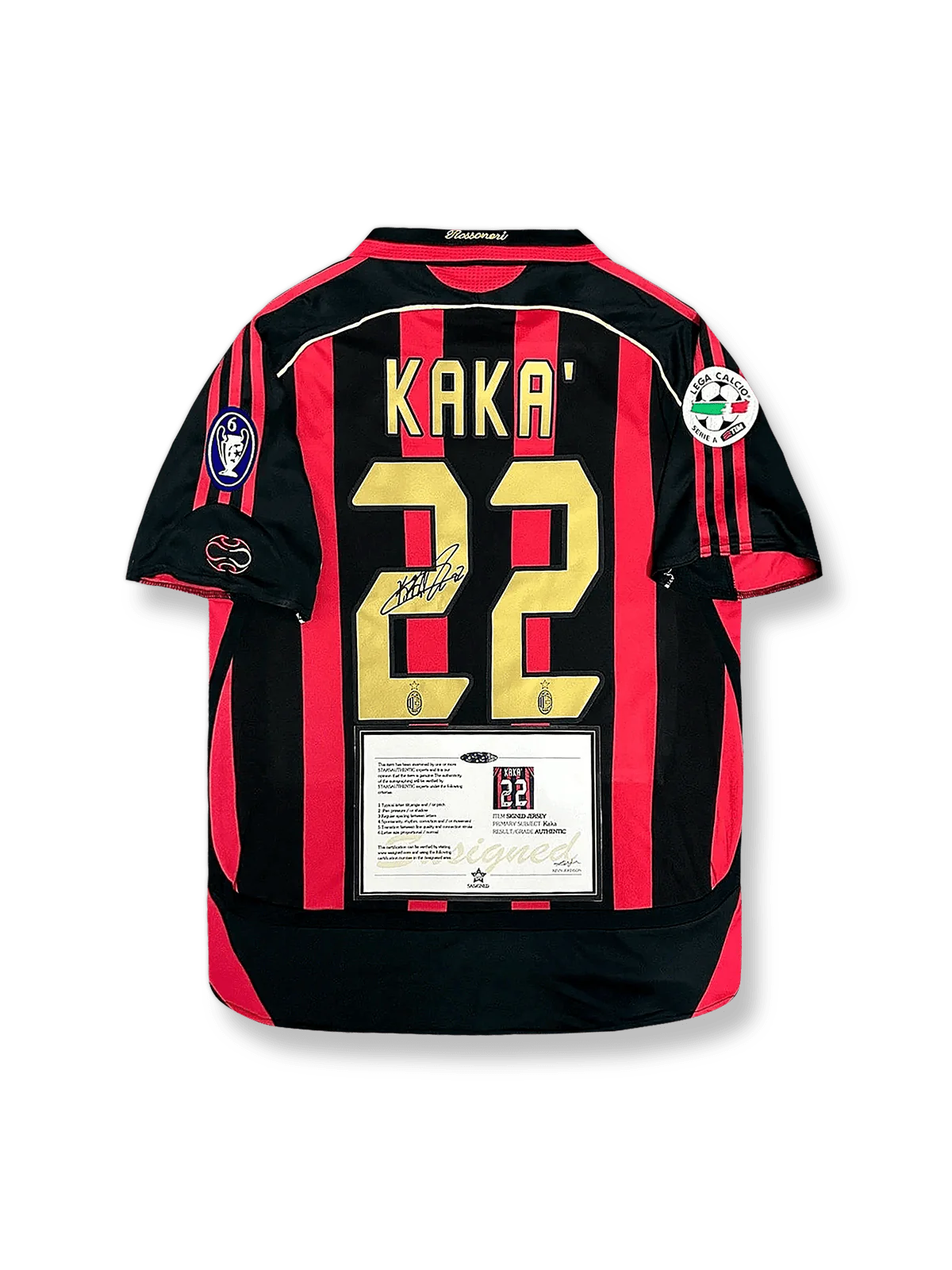 2006-07シーズンACミランホームユニフォーム カカ サインプリント 赤黒縦縞 プーマ刺繍&クラブエンブレム付き