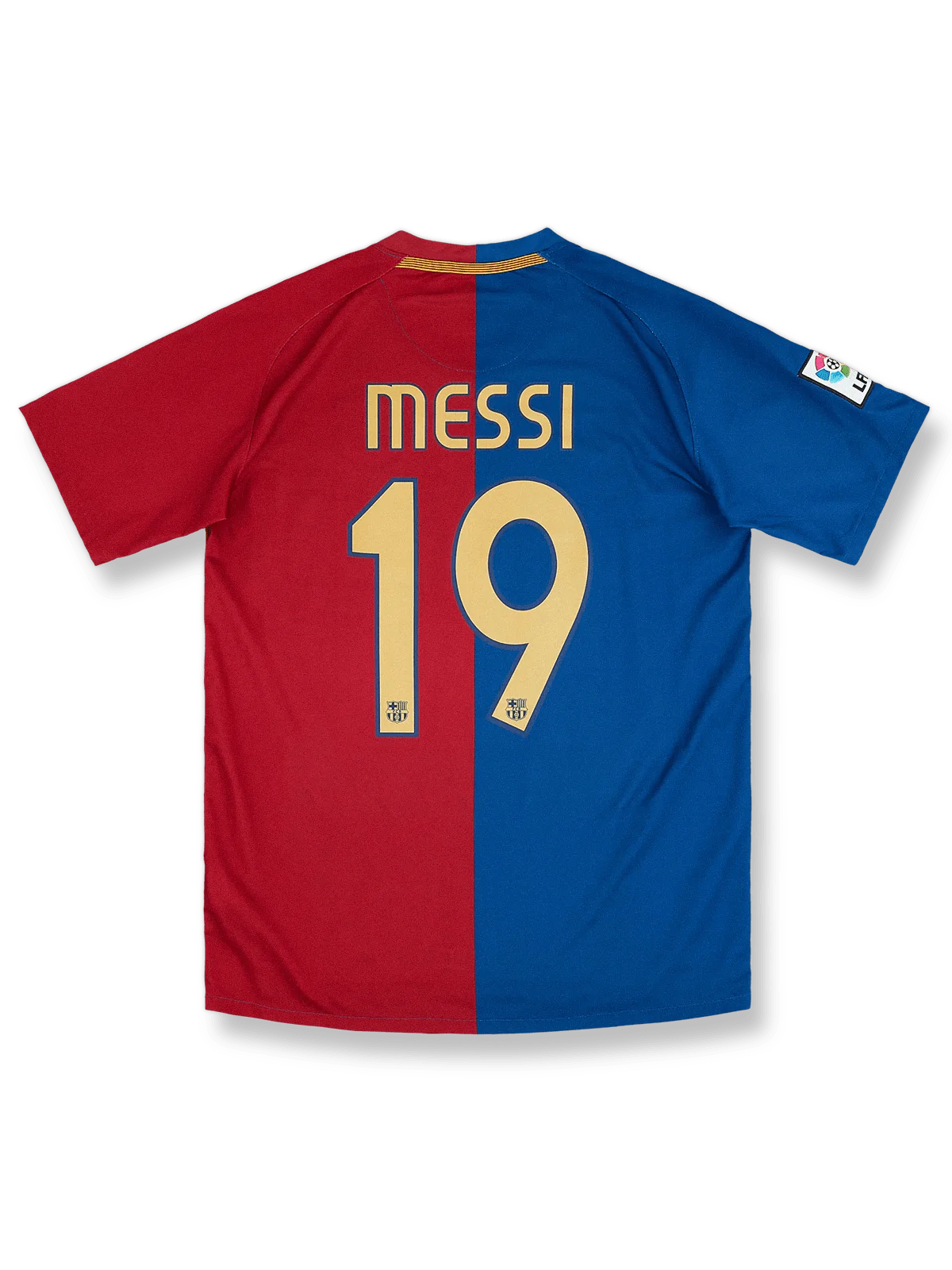 2006-07シーズンFCバルセロナホームユニフォーム リオネル・メッシ #19 赤青縦縞 ナイキ刺繍スウッシュ&クラブエンブレム付き
