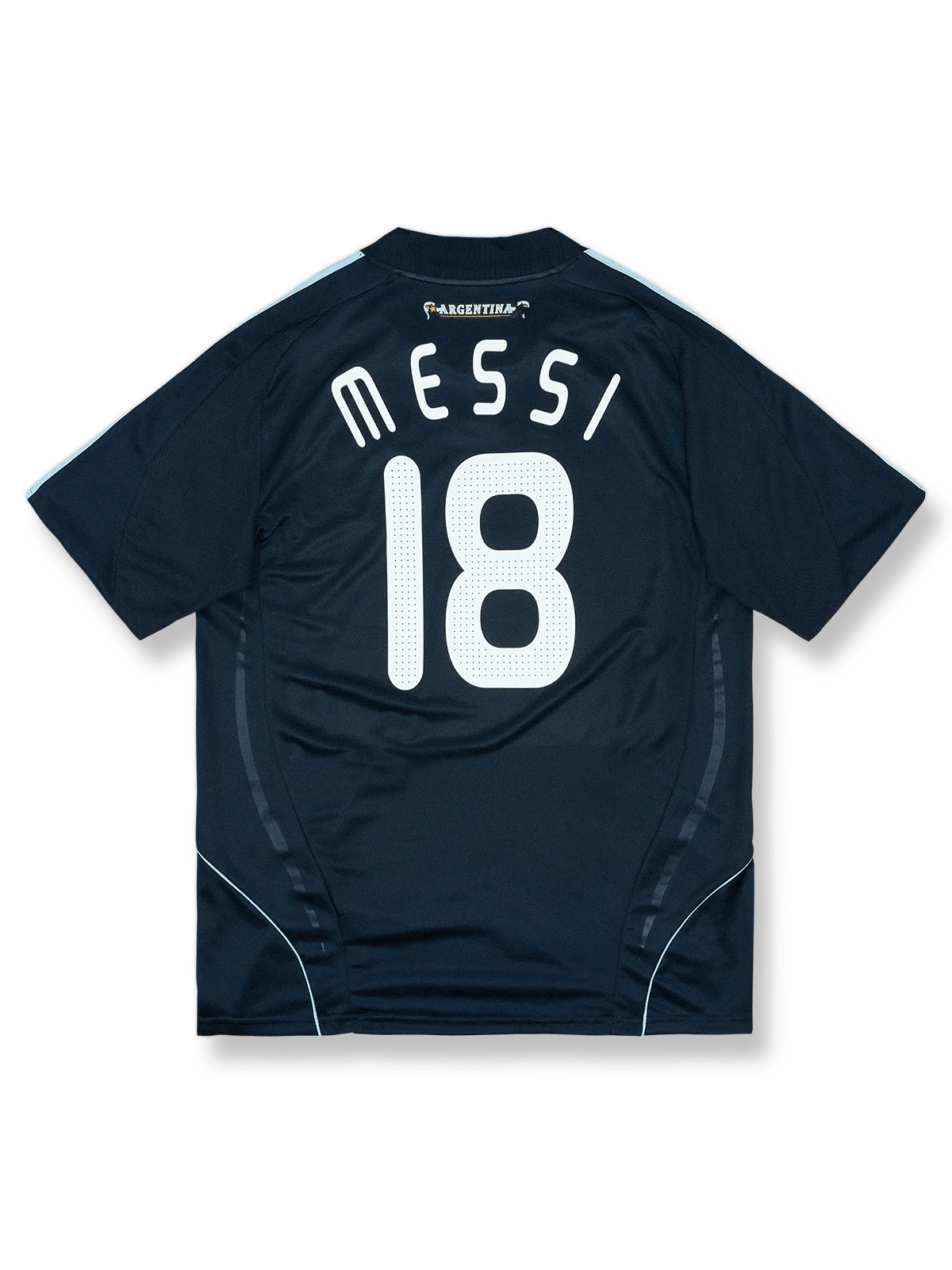 2007–09シーズン アルゼンチン代表 アウェイユニフォーム メッシ 18番 クラシカルストライプ&赤アディダススリーストライプデザイン