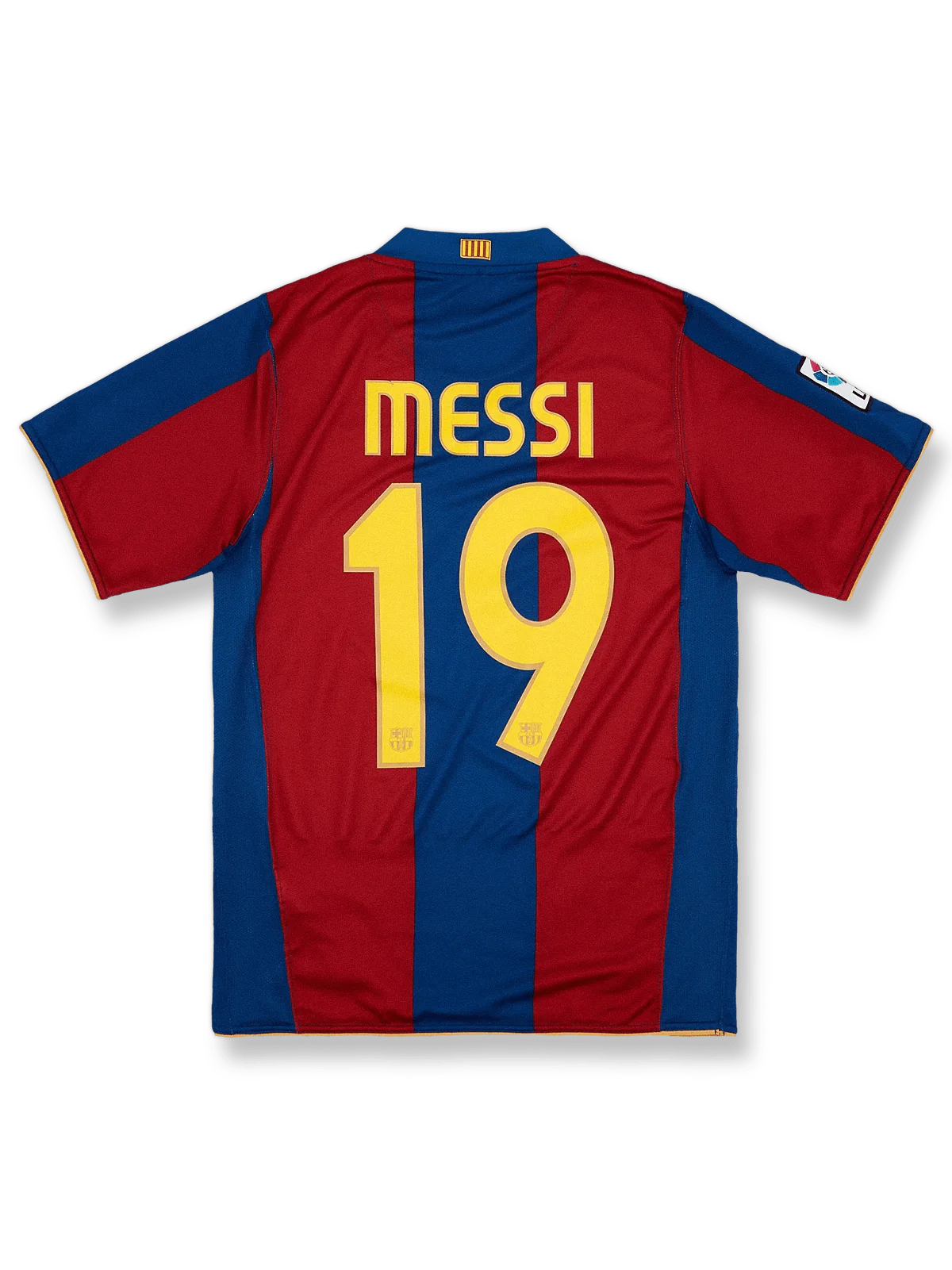 2007-08シーズンFCバルセロナホームユニフォーム リオネル・メッシ #19 赤青縦縞 ナイキ刺繍スウッシュ&クラブエンブレム付き