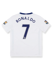 2008-10シーズンマンチェスター・ユナイテッドアウェイユニフォーム クリスティアーノ・ロナウド #7 白 赤黒アクセント ナイキ刺繍スウッシュ&クラブエンブレム付き