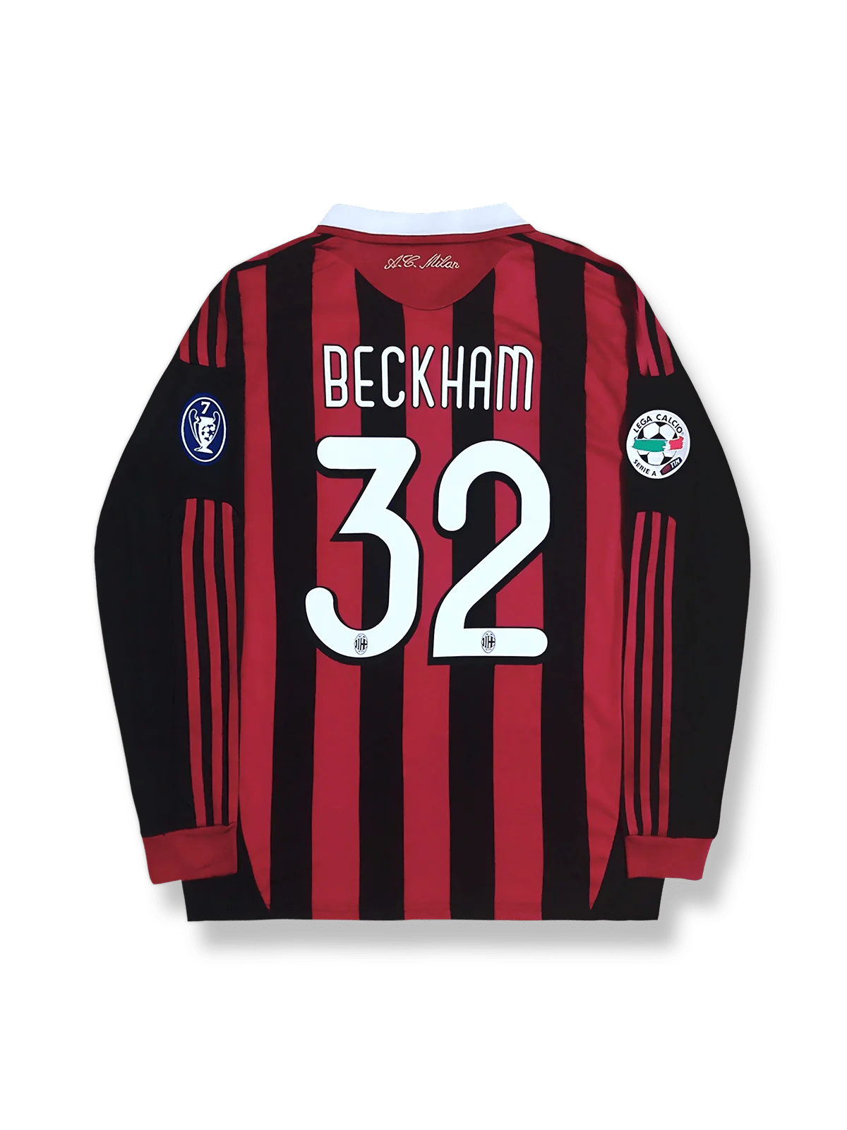 2009–10シーズン ACミラン ホームユニフォーム ベッカム 32番 クラシック赤黒ストライプ&レッドアクセントデザイン