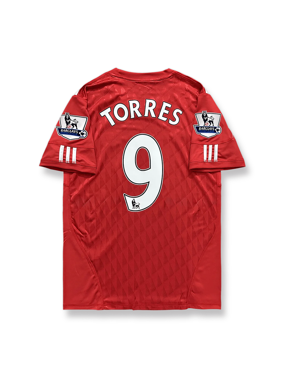 2010–11シーズンリバプールホームジャージ9番トーレス、クラシックレッドと白の縁取りが際立つデザイン。