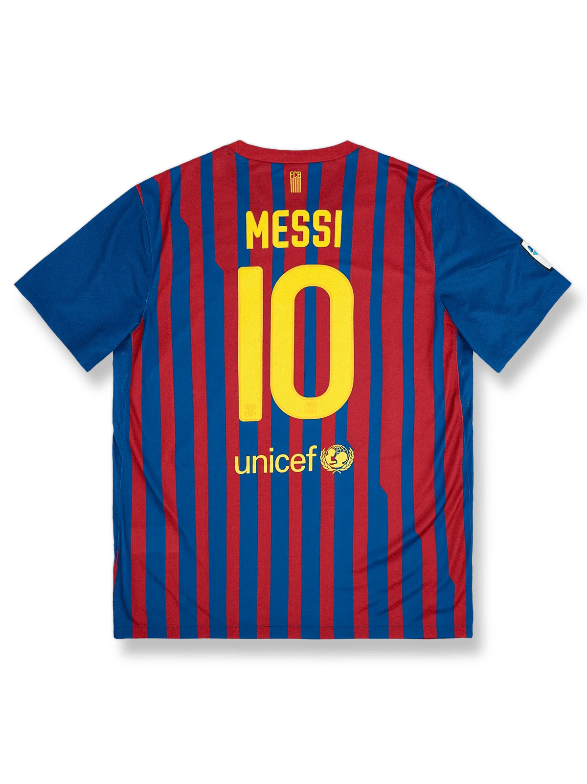 2011-12シーズンFCバルセロナホームユニフォーム リオネル・メッシ #10 赤青縦縞 ナイキ刺繍スウッシュ&クラブエンブレム付き