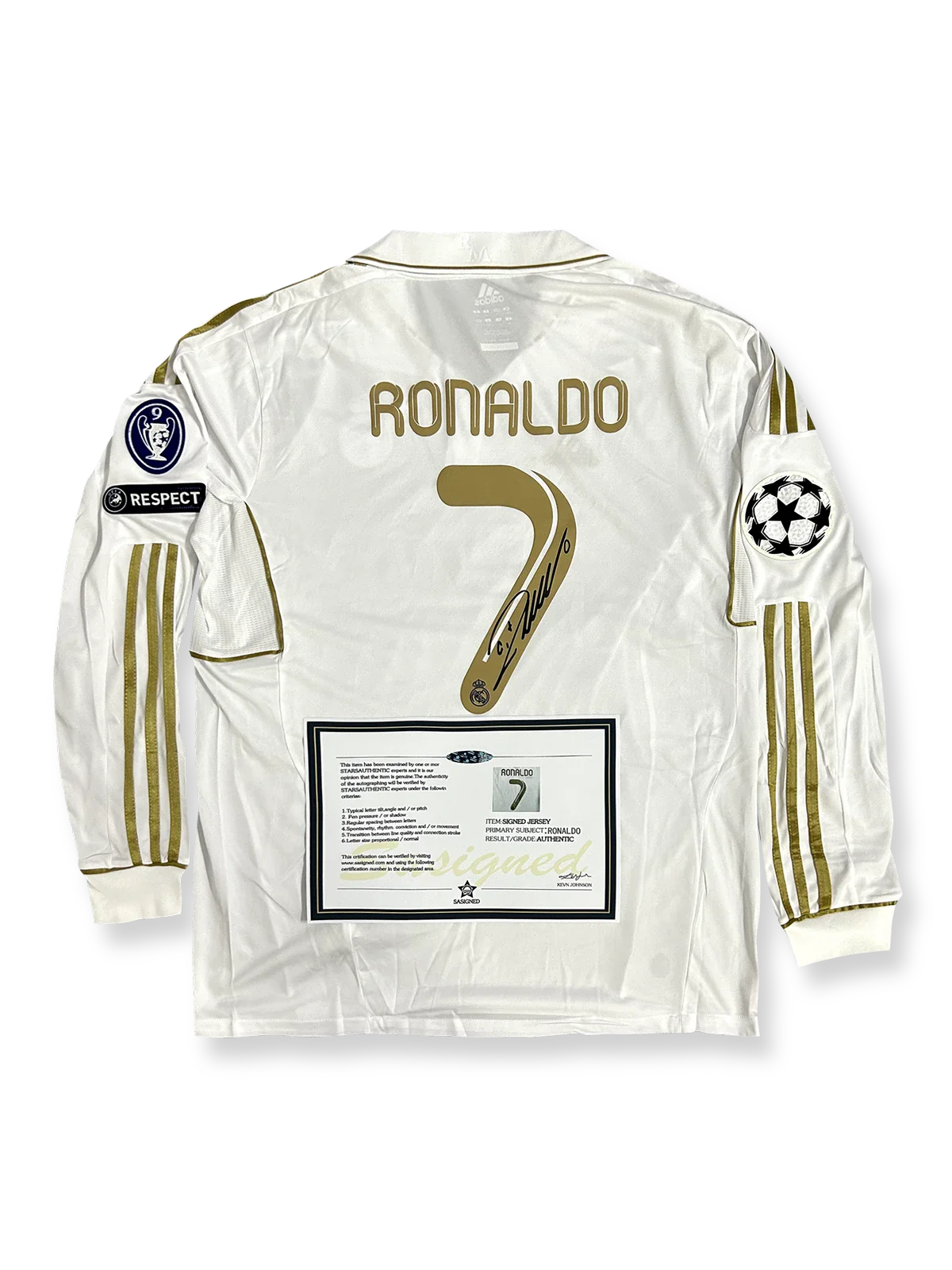 2011-12シーズン レアル・マドリードホームユニフォーム、クリスティアーノ・ロナウドサイン入り7番長袖、リーガ・エスパニョーラ公式試合用デザイン