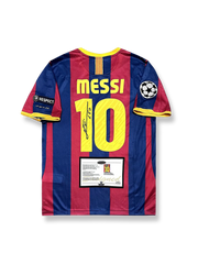 2011年FCバルセロナホームユニフォーム リオネル・メッシ サインプリント 赤青縦縞 ナイキ刺繍スウッシュ&クラブエンブレム付き