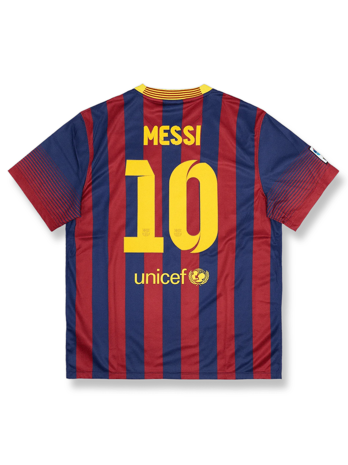 2013–14シーズン FCバルセロナ ホームユニフォーム メッシ 10番 クラシカルブルー&レッドストライプ&UNICEFロゴ дизай