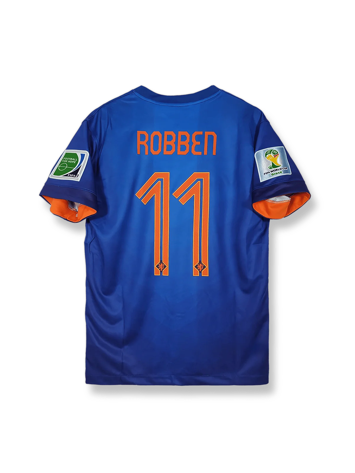 2014年ブラジルワールドカップオランダ代表アウェイユニフォーム アーリエン・ロッベン 背番号11 オレンジ 黒アクセント クラブエンブレム刺繍