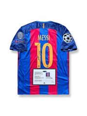 2016-17シーズンFCバルセロナホームユニフォーム リオネル・メッシ サインプリント 赤青縦縞 ナイキ刺繍スウッシュ&クラブエンブレム付き