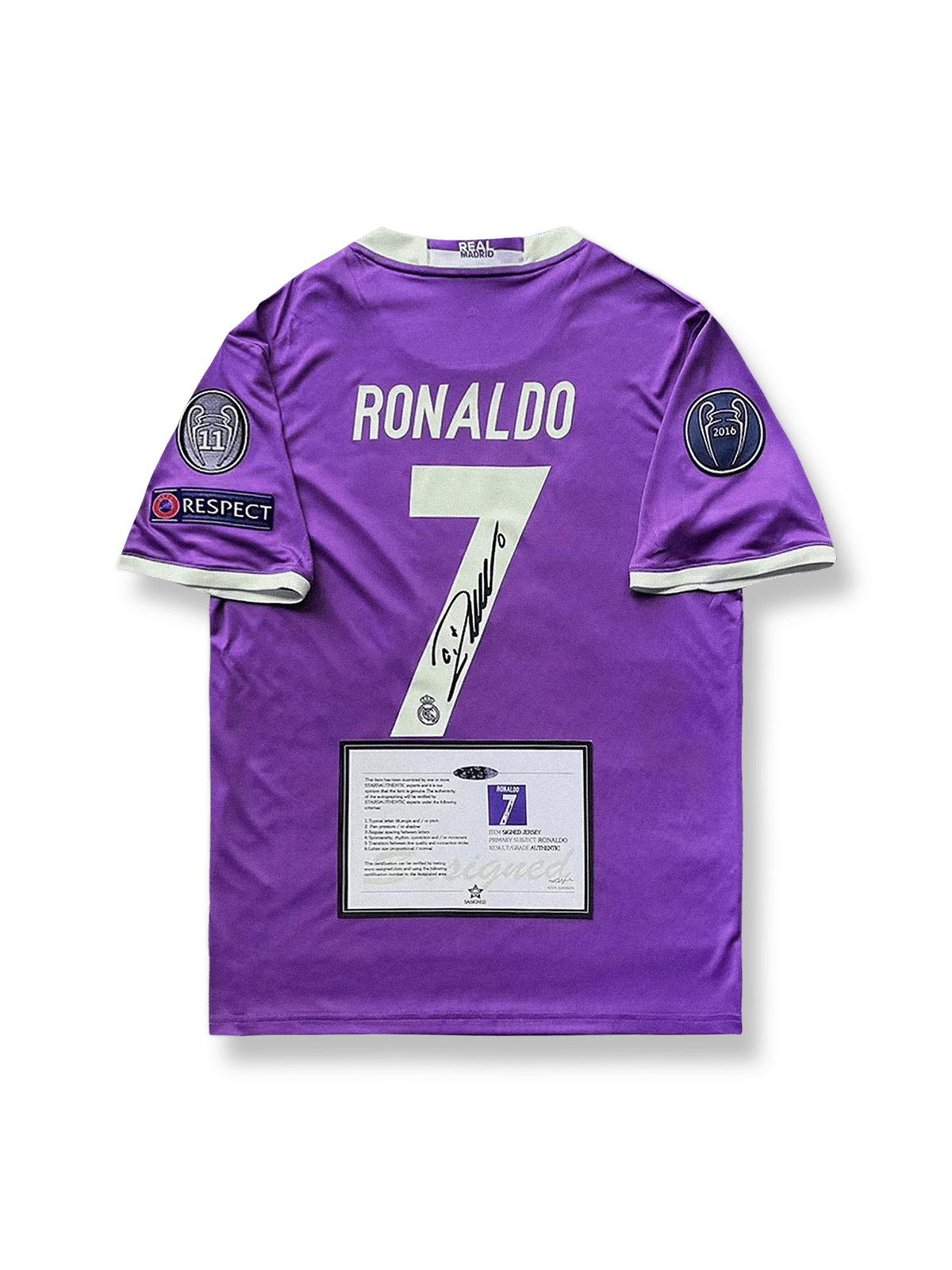 2016-17シーズンレアル・マドリードアウェイユニフォーム クリスティアーノ・ロナウド サインプリント ホワイト ブルーアクセント アディダス刺繍&クラブエンブレム付き