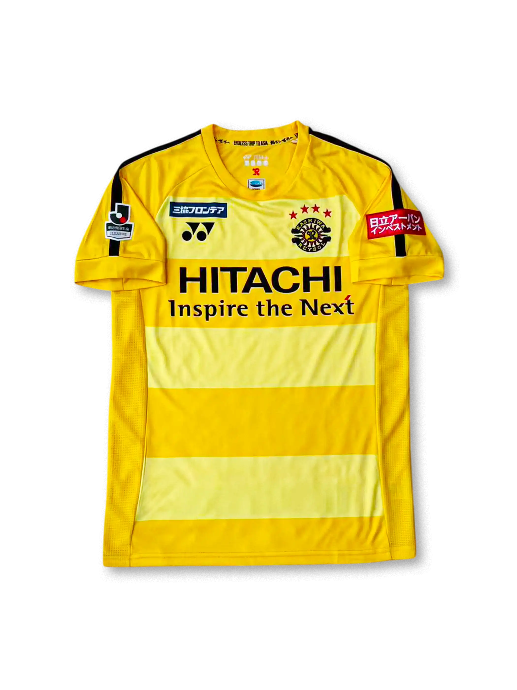 2017-18年柏レイソル ホームユニフォーム 正面、HITACHIロゴとストライプデザイン