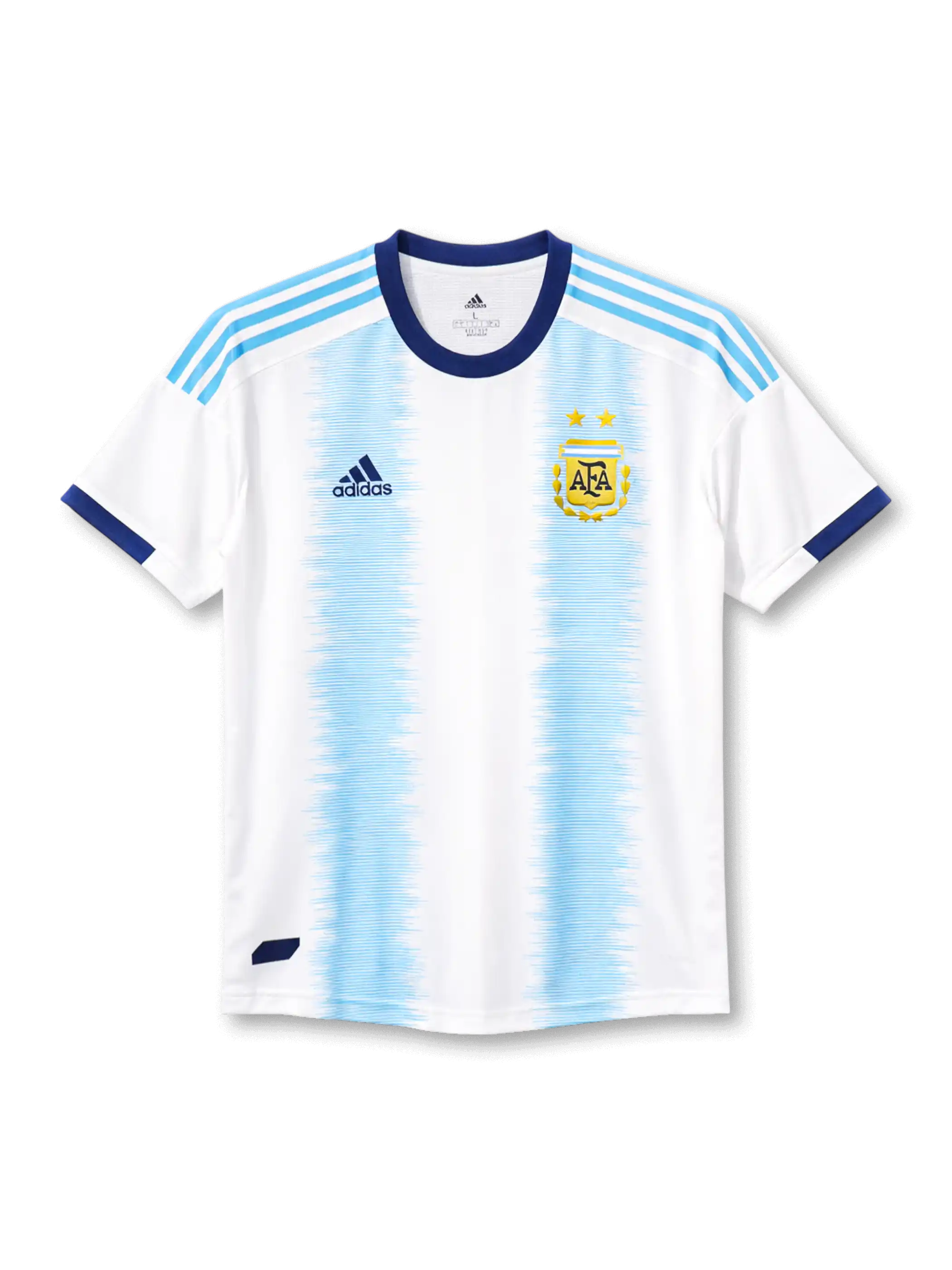 2019アルゼンチン代表ホームプレイヤーイシュー正面、波形スカイブルー縦ストライプ・ネイビーカラー・AFAゴールドエンブレム