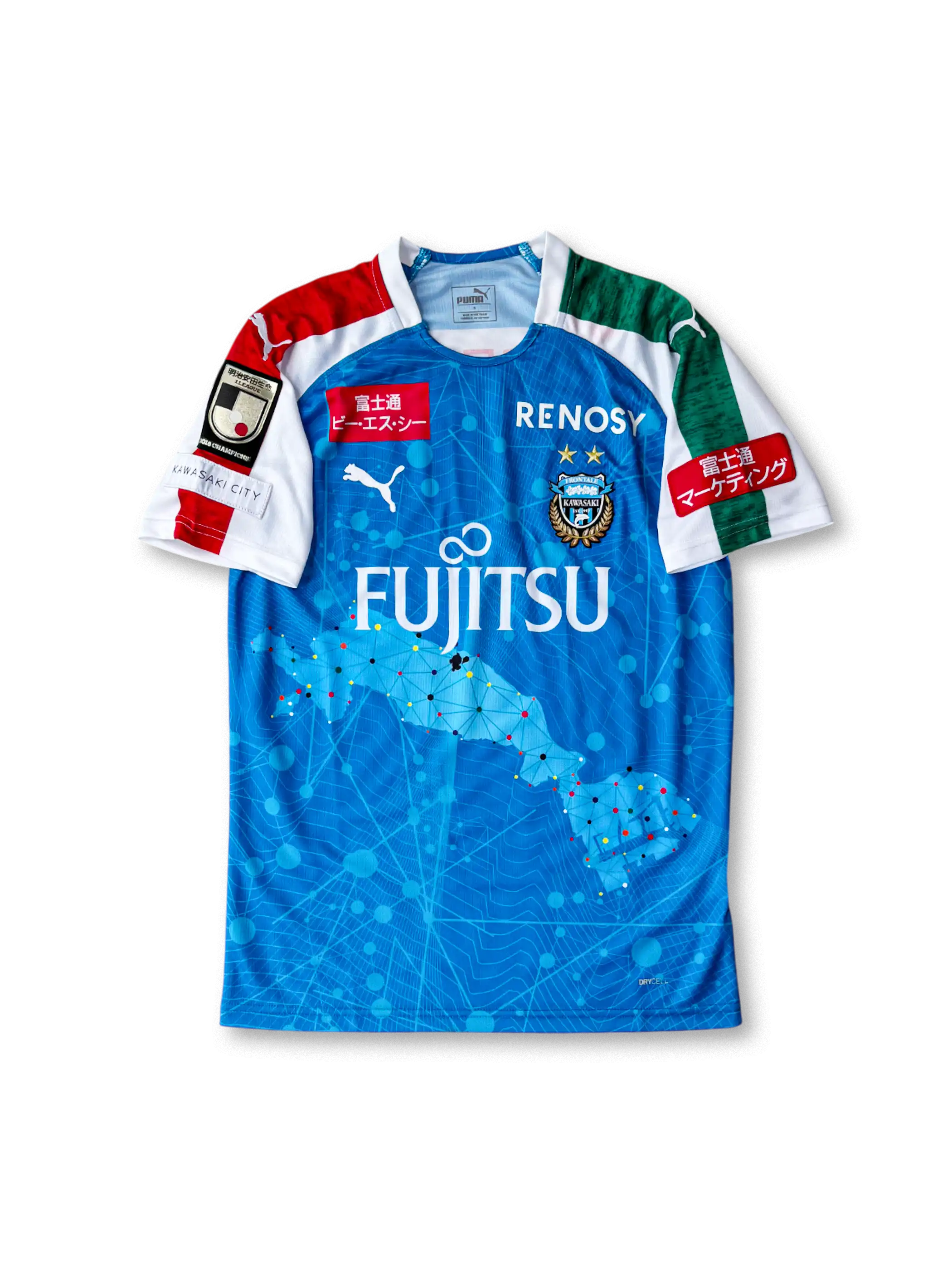2019年川崎フロンターレ ホームユニフォーム 正面、FUJITSUロゴとスマートシティデザイン