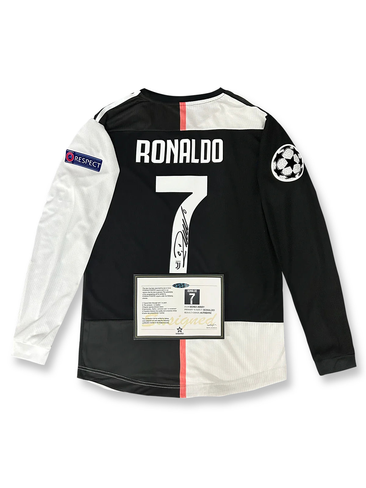 2019-20シーズン ユベントスホームユニフォーム、クリスティアーノ・ロナウドサイン入り7番長袖、セリエA公式試合用デザイン