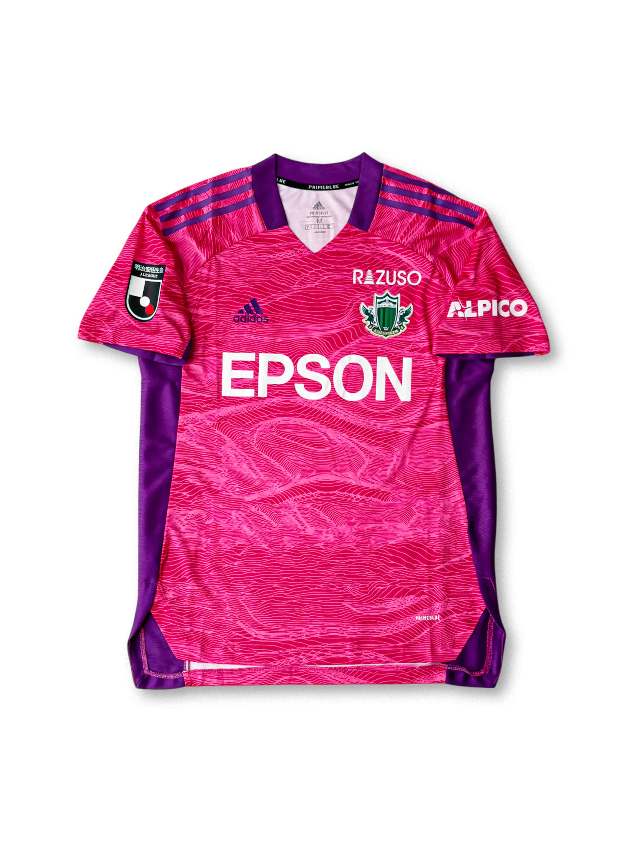 2021年松本山雅FC ゴールキーパーユニフォーム 正面、EPSONロゴと等高線モチーフのデザイン