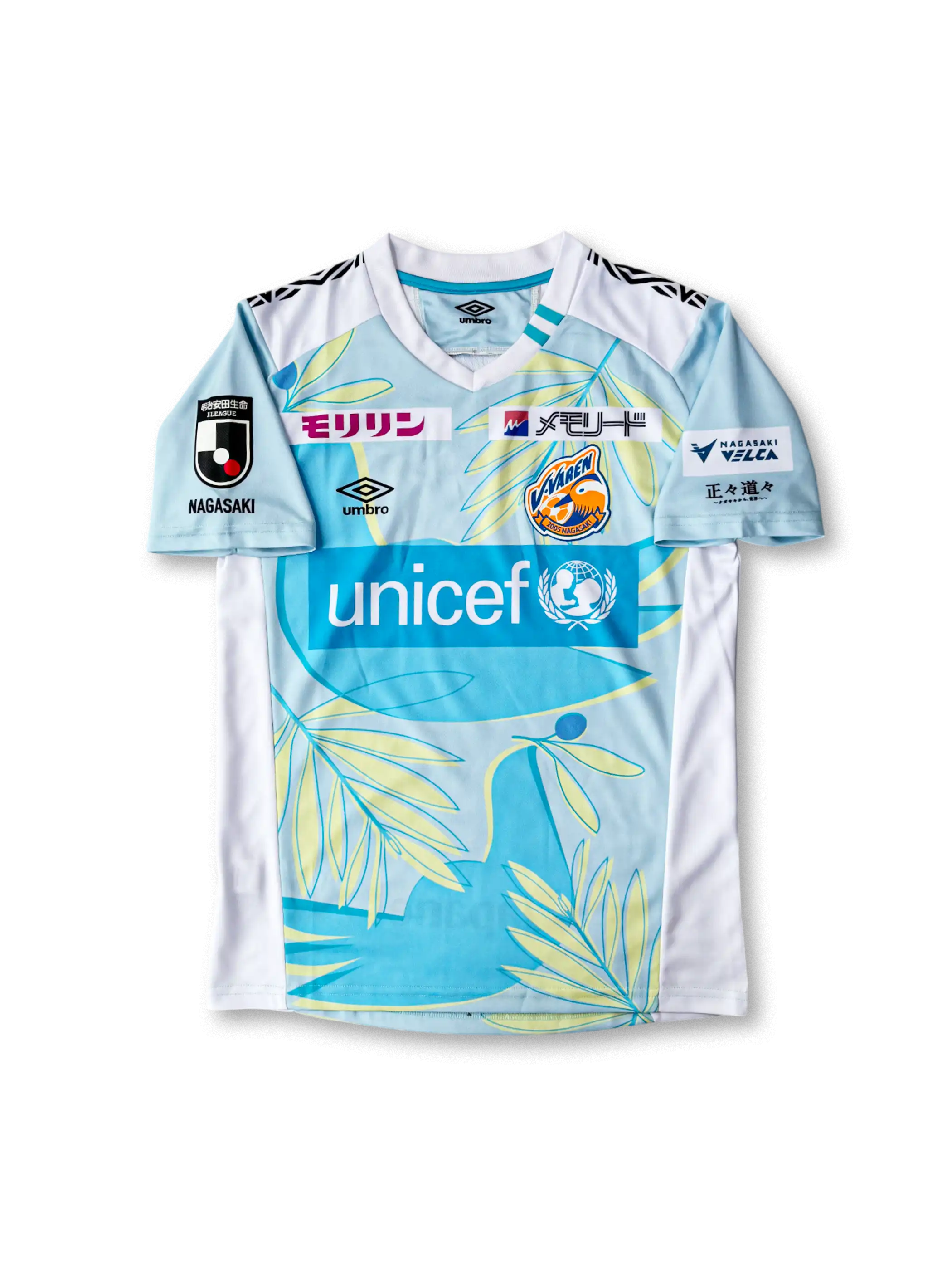 2021年V・ファーレン長崎 ホームユニフォーム 正面、UNICEFスポンサー入り オリーブリーフデザイン
