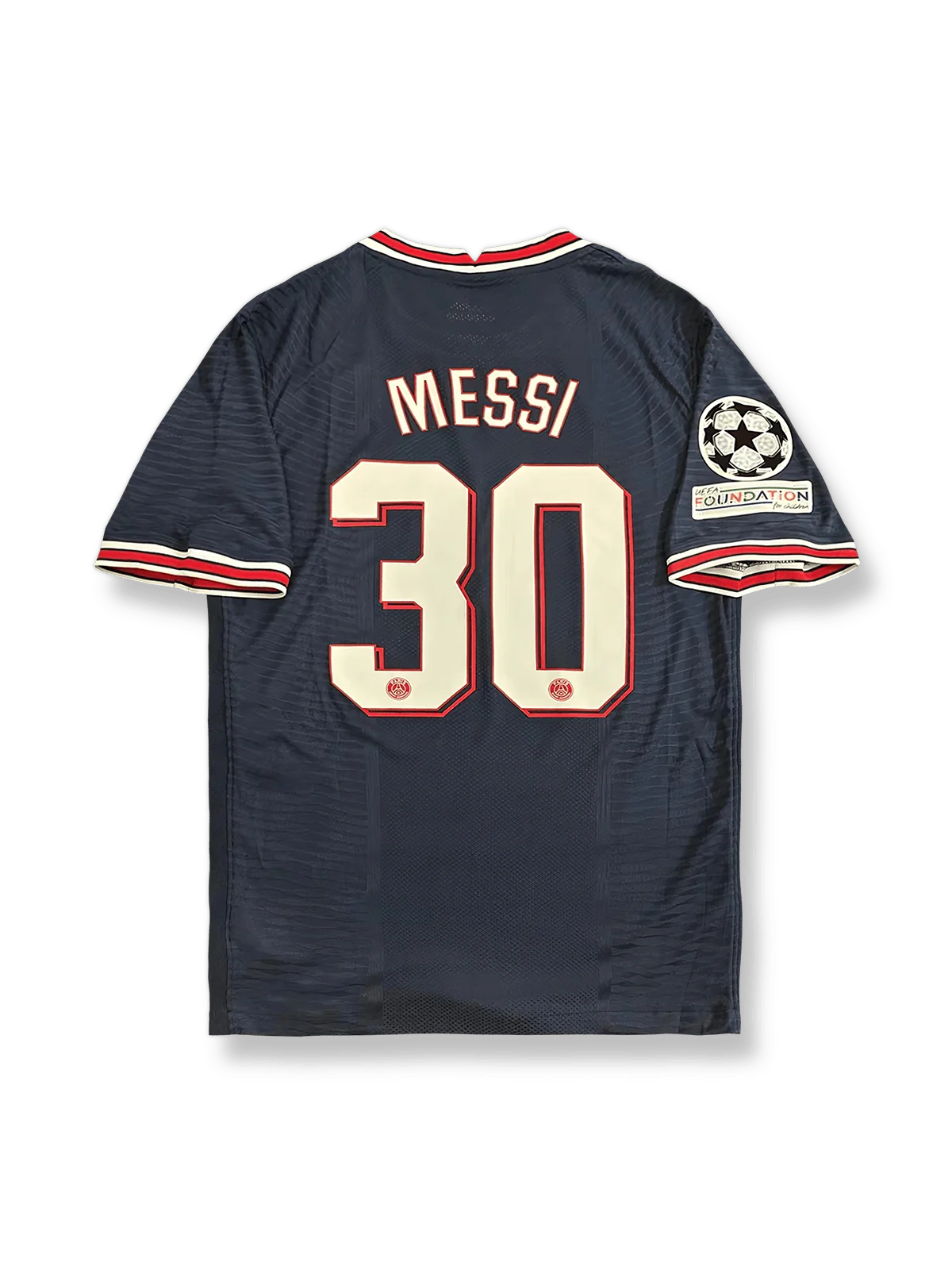 2021-22シーズンパリ・サンジェルマンチャンピオンズリーグホームユニフォーム リオネル・メッシ #30 ネイビーブルー 赤白アクセント ナイキ刺繍&クラブエンブレム付き
