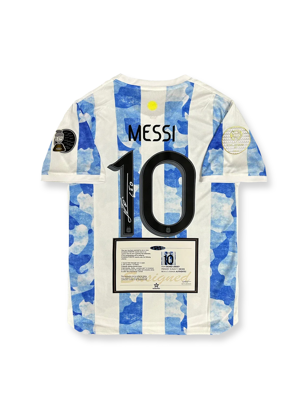 2021年 アルゼンチン代表ホームユニフォーム、リオネル・メッシサイン入り10番、国際試合公式用デザイン