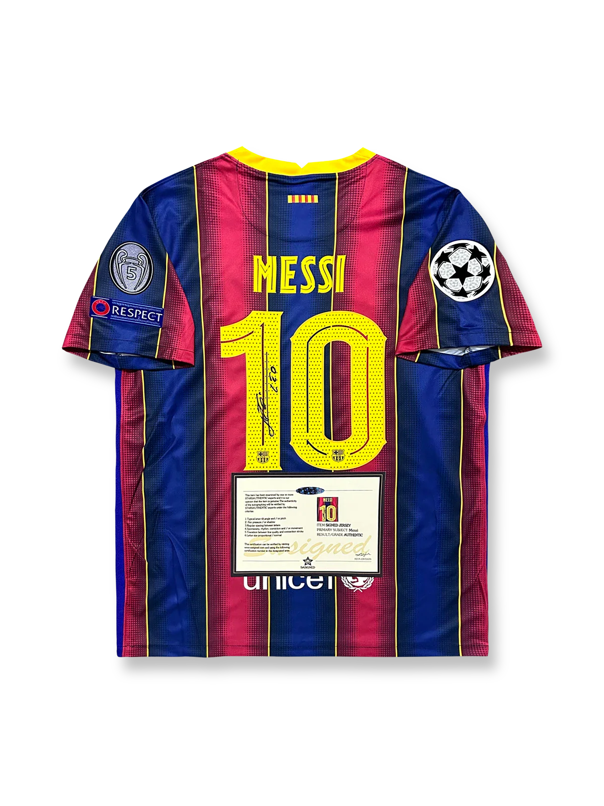 2021年 バルセロナホームユニフォーム、リオネル・メッシサイン入り10番、リーガ・エスパニョーラ公式試合用デザイン