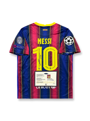 2021年 バルセロナホームユニフォーム、リオネル・メッシサイン入り10番、リーガ・エスパニョーラ公式試合用デザイン