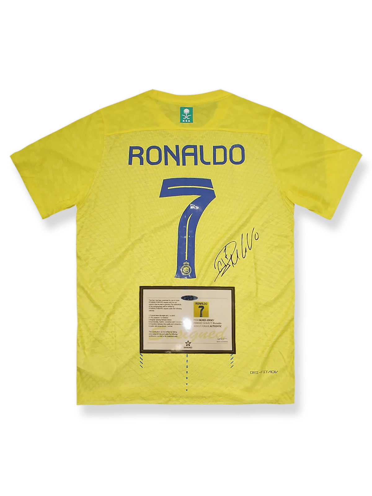 2023-24シーズンアル・ナスルホームユニフォーム クリスティアーノ・ロナウド サインプリント ブルー 白アクセント ナイキ刺繍&クラブエンブレム付き