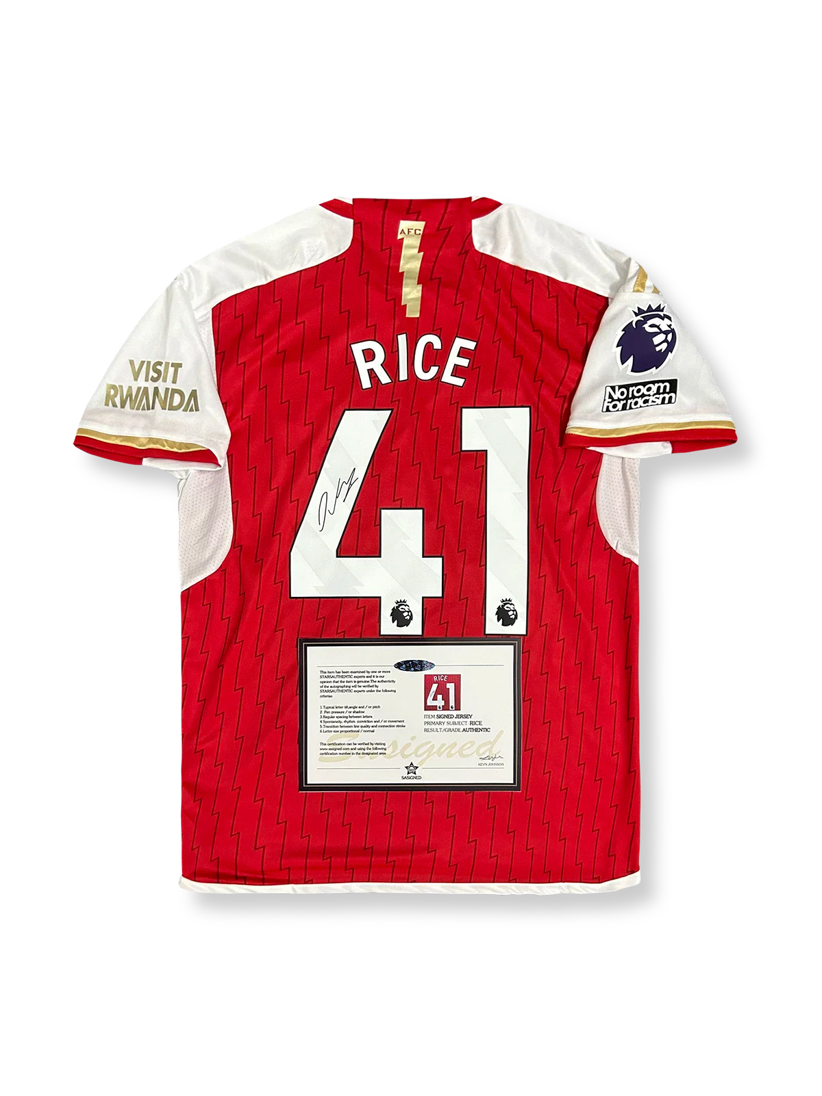 2023-24シーズン アーセナルホームユニフォーム、デクラン・ライスサイン入り41番、プレミアリーグ公式試合用デザイン