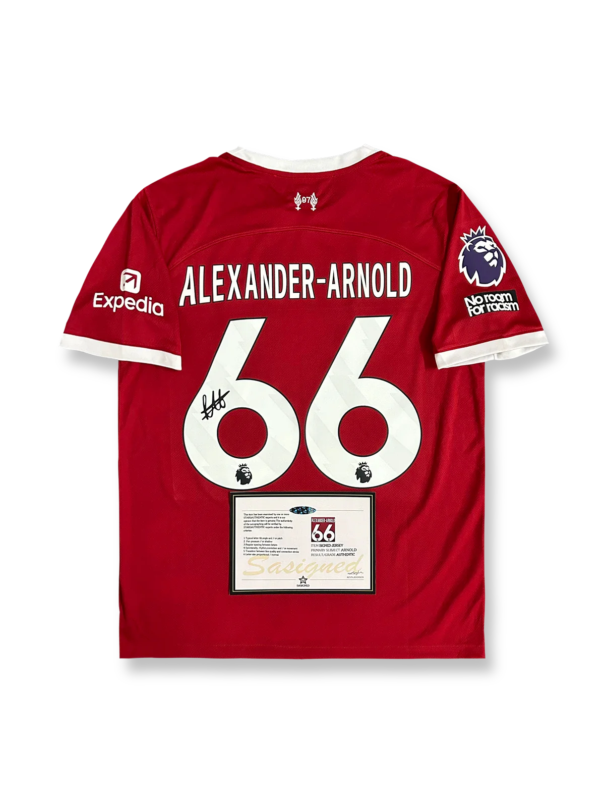 2023-24シーズン リヴァプールホームユニフォーム、トレント・アレクサンダー・アーノルドサイン入り66番、プレミアリーグ公式試合用デザイン