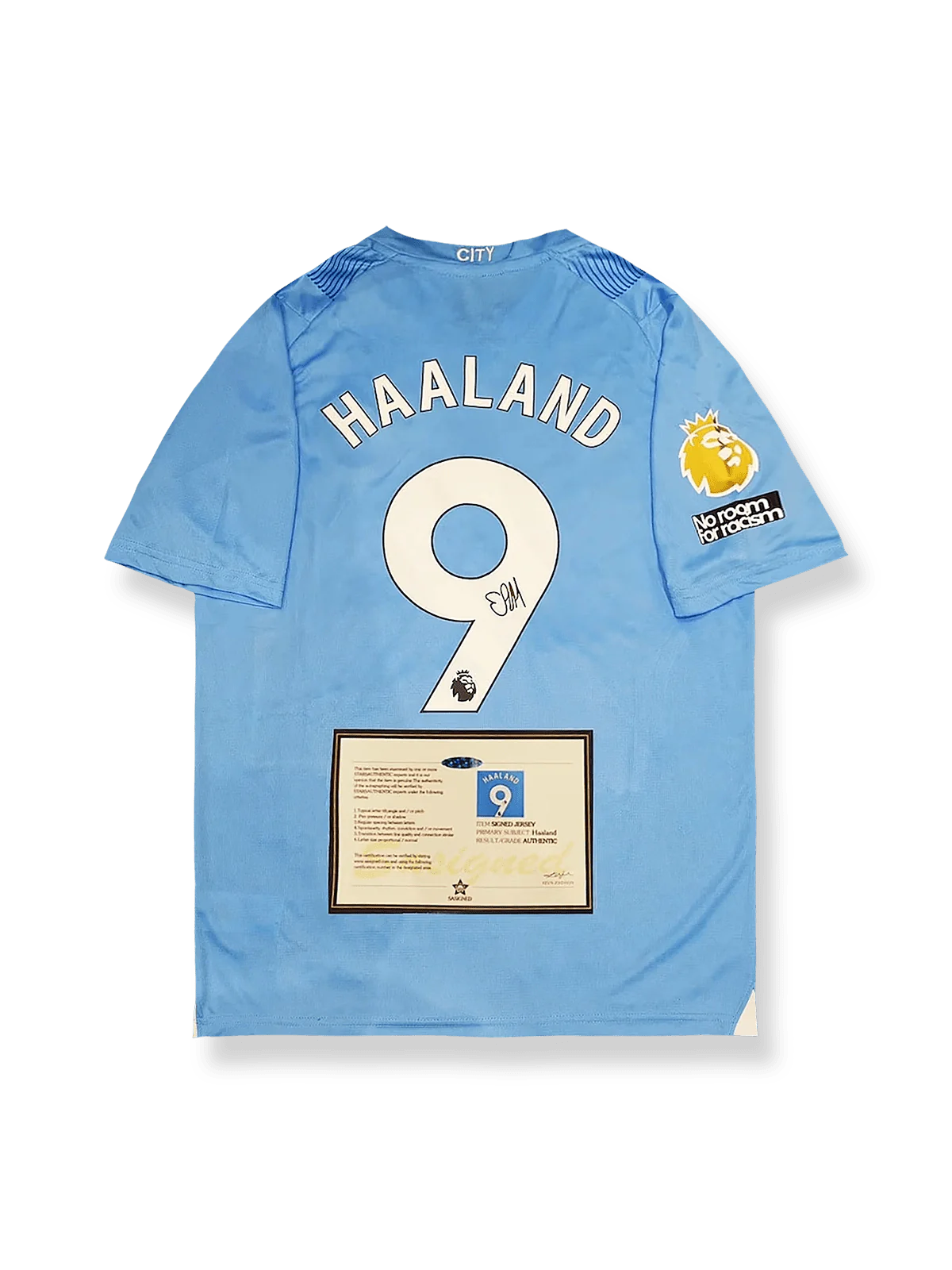 2023-24シーズンマンチェスター・シティホームユニフォーム アーリング・ハーランド サインプリント スカイブルー 白ネイビーアクセント プーマ刺繍&クラブエンブレム付き