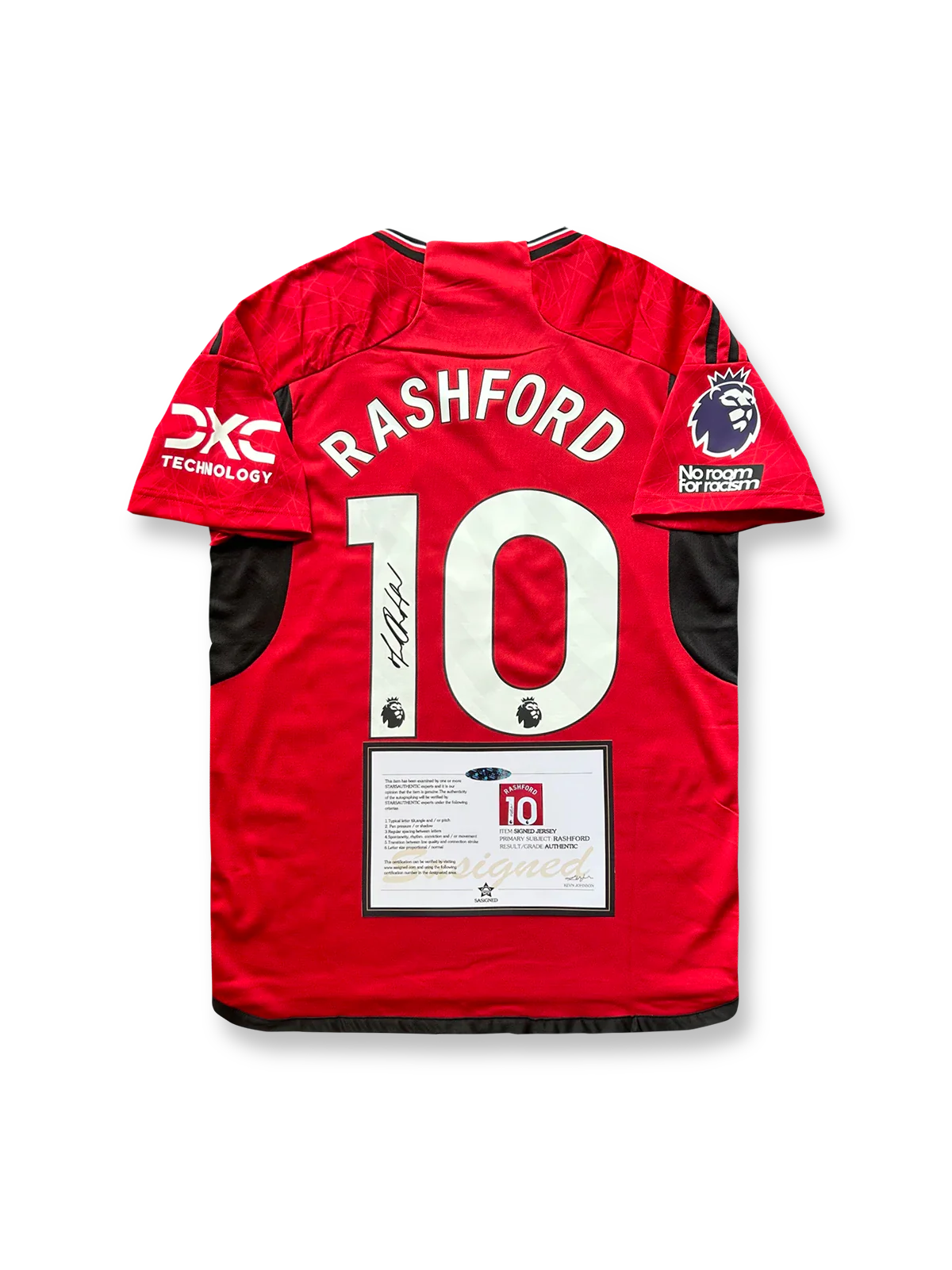 2023-24シーズン マンチェスター・ユナイテッドホームユニフォーム、マーカス・ラッシュフォードサイン入り10番、プレミアリーグ公式試合用デザイン