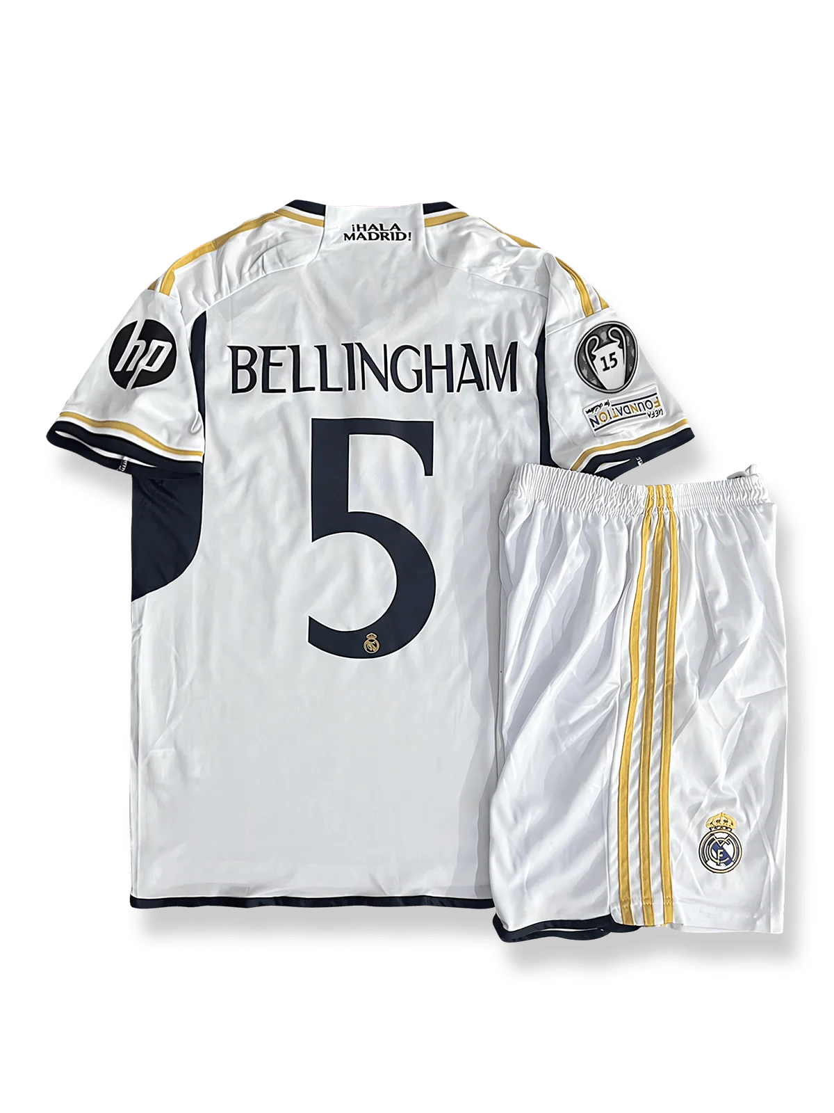2023–24シーズンレアル・マドリードホームジャージ5番ベリンガム、伝統のホワイトを基調にしたモダンストライプデザインで躍動を映す一着。