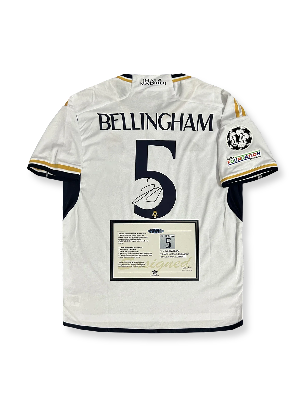 2023-24シーズン レアル・マドリードホームユニフォーム、ジュード・ベリンガムサイン入り5番、リーガ・エスパニョーラ公式試合用デザイン