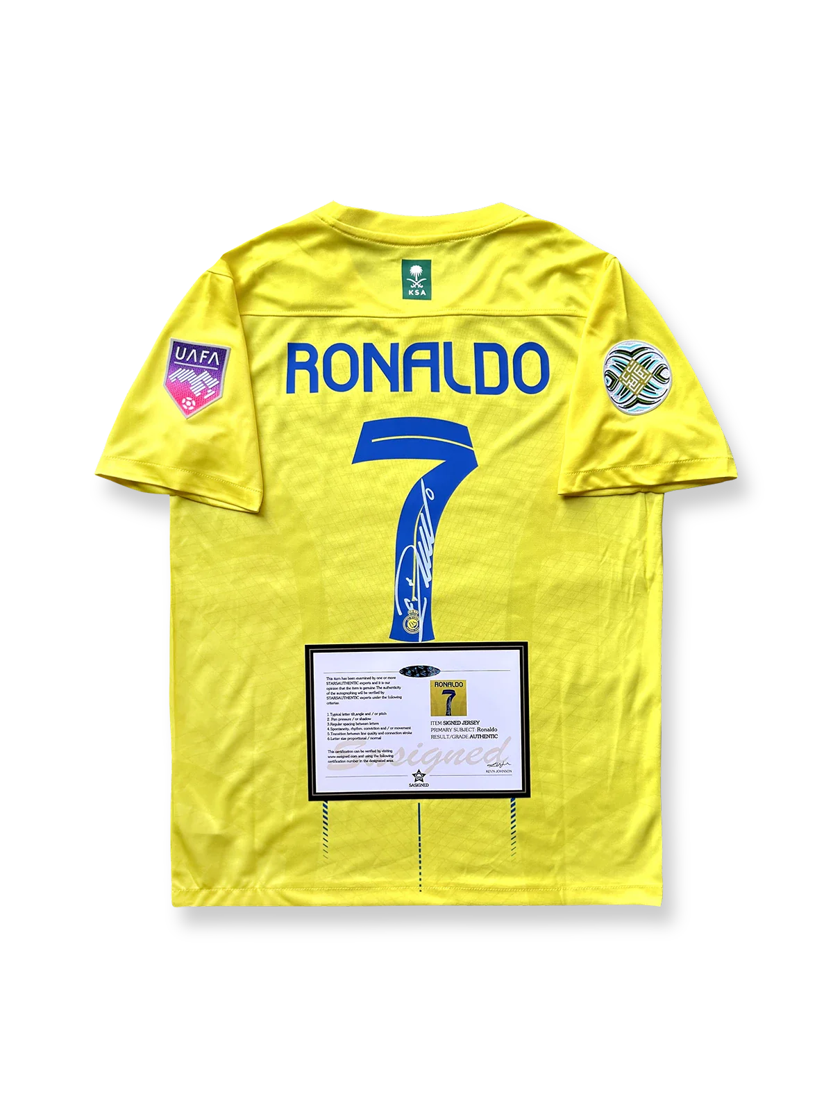 2023-24シーズン リヤド・アル・ナスルホームユニフォーム、クリスティアーノ・ロナウドサイン入り7番、サウジプロリーグ公式試合用デザイン