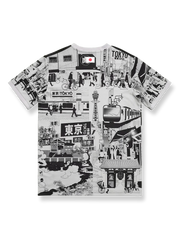 製品画像: 2024特別版日本代表東京シティ漫画グレー柄プリントユニフォーム全貌 詳細画像: 2024特別版日本代表東京シティ漫画グレー柄プリントユニフォームの胸前エンブレム、都市風景ディテール特写