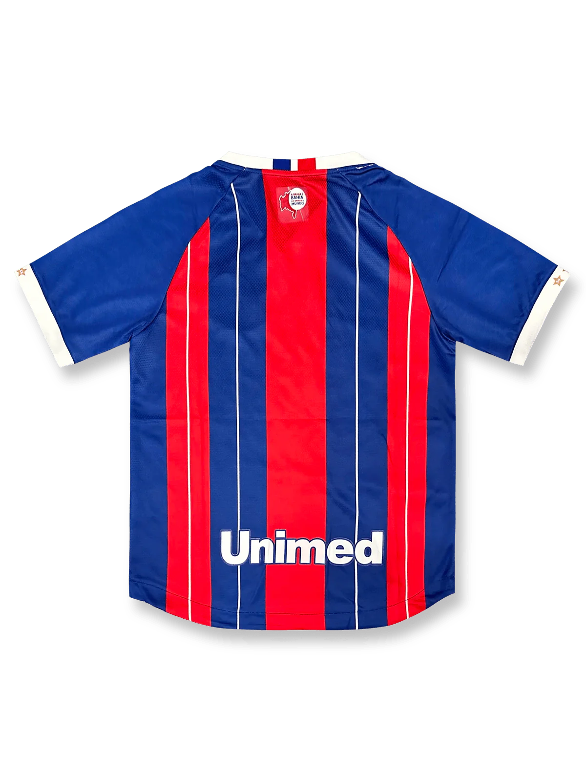 製品画像:2024/25シーズン バイーアFC ホーム記念版ユニフォーム、クラシックなレッドとブルーの縦ストライプとクラブエンブレムのデザイン。