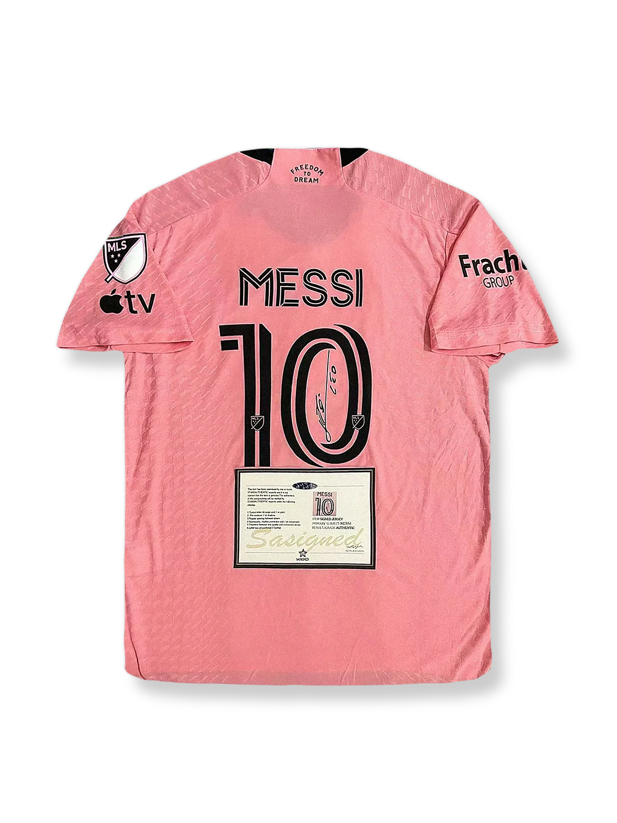 2024-25シーズンインテル・マイアミホームユニフォーム リオネル・メッシ サインプリント ピンク 黒白アクセント アディダス刺繍&クラブエンブレム付き