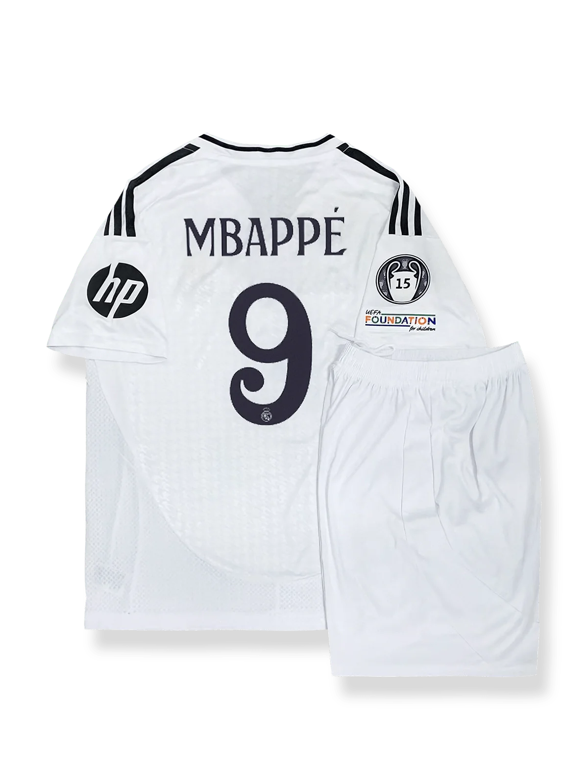 2024–25シーズンレアル・マドリードホームシャツ&パンツセット9番ムバッペ、伝統のホワイトにゴールドアクセントを施したモダンデザインの一着。