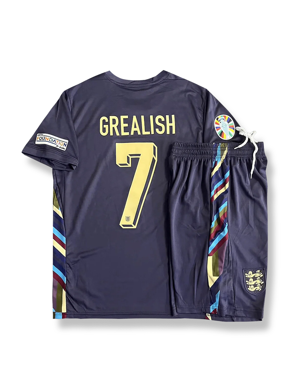 2024年欧州選手権イングランド代表アウェイシャツとパンツセット ブカヨ・サカ 背番号7 ネイビーブルー 白赤アクセント イングランド連盟エンブレム刺繍