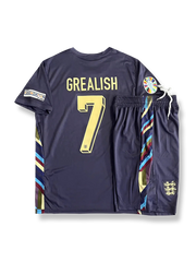 2024年欧州選手権イングランド代表アウェイシャツとパンツセット ブカヨ・サカ 背番号7 ネイビーブルー 白赤アクセント イングランド連盟エンブレム刺繍