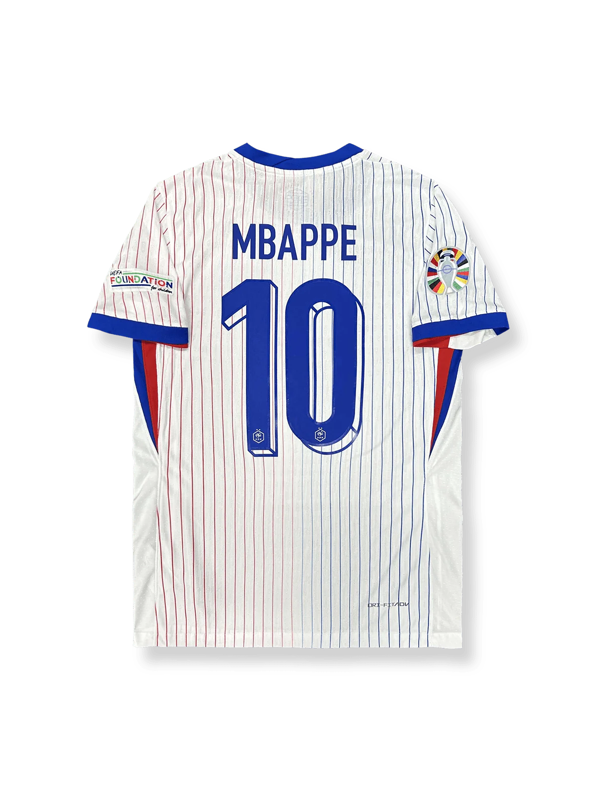 2024年ヨーロッパ選手権フランス代表アウェイユニフォーム キリアン・ムバッペ 背番号10 白 ブルー赤アクセント フランス連盟エンブレム刺繍