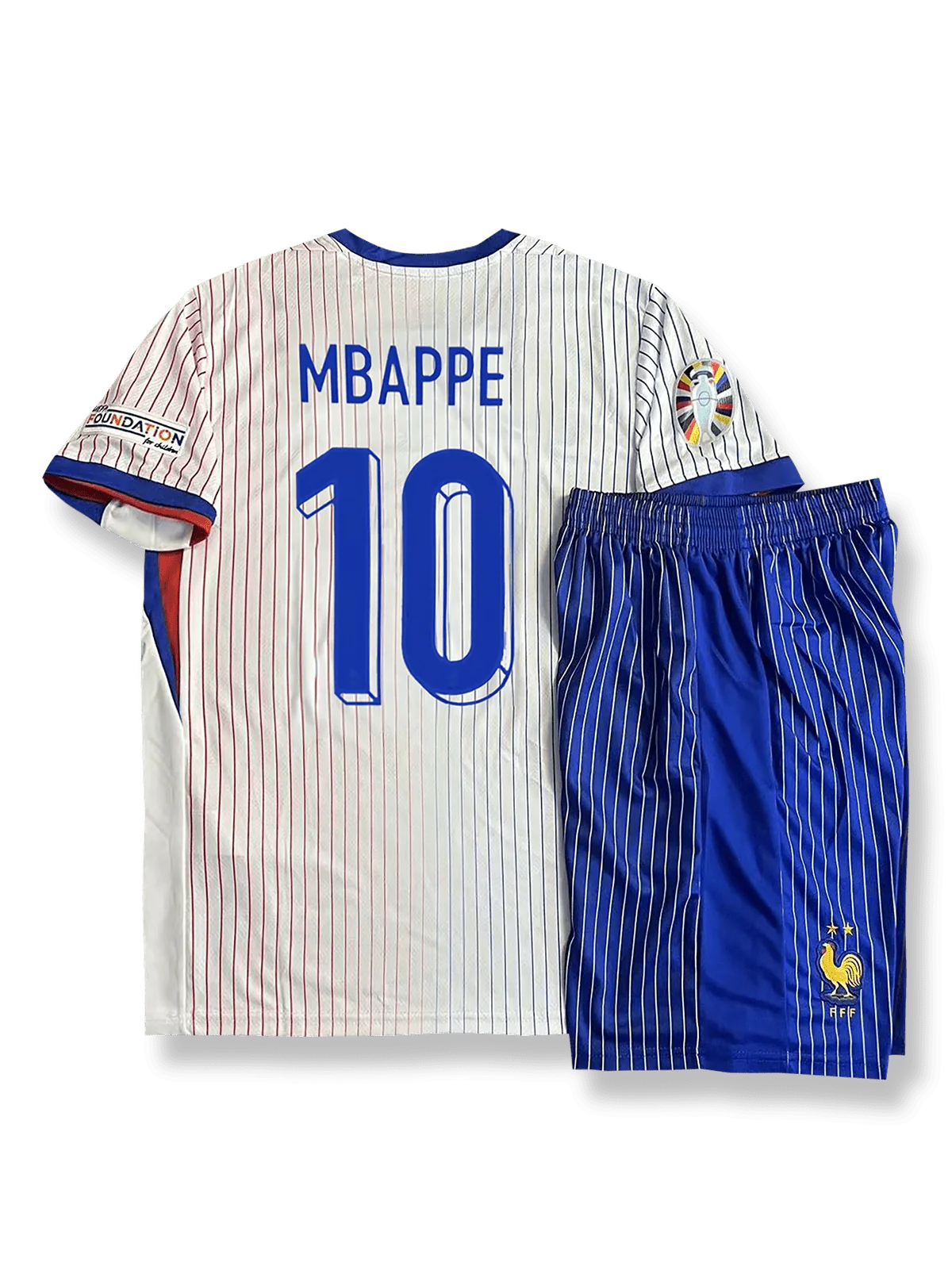 2024年欧州選手権フランス代表アウェイシャツとパンツセット キリアン・ムバッペ 背番号10 白 ブルー赤アクセント フランス連盟エンブレム刺繍