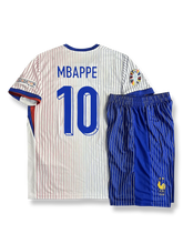 2024年欧州選手権フランス代表アウェイシャツとパンツセット キリアン・ムバッペ 背番号10 白 ブルー赤アクセント フランス連盟エンブレム刺繍