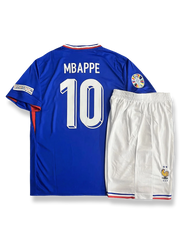 2024年欧州選手権フランス代表ホームシャツとパンツセット キリアン・ムバッペ 背番号10 ブルー 白赤アクセント フランス連盟エンブレム刺繍