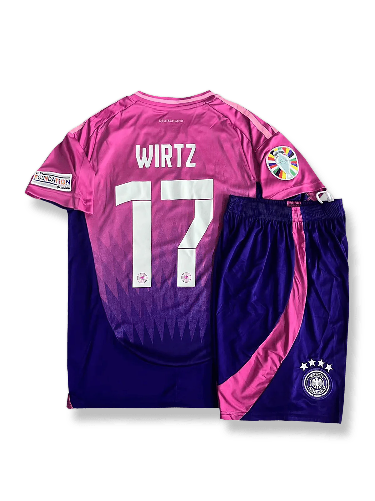 2024年欧州選手権ドイツ代表アウェイシャツとパンツセット カイ・ヴィルツ 背番号17 ネイビーブルー 白赤アクセント ドイツ連盟エンブレム刺繍