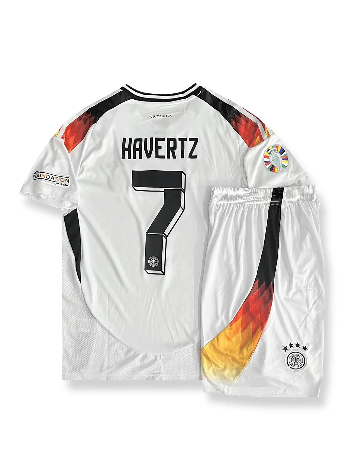 2024年欧州選手権ドイツ代表ホームシャツとパンツセット カイ・ハヴァーツ 背番号7 白 黒赤アクセント ドイツ連盟エンブレム刺繍