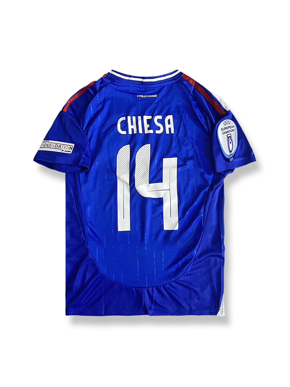 2024年ヨーロッパ選手権イタリア代表ホームユニフォーム フェデリコ・キエーザ 背番号14 青 白赤アクセント イタリア連盟エンブレム刺繍
